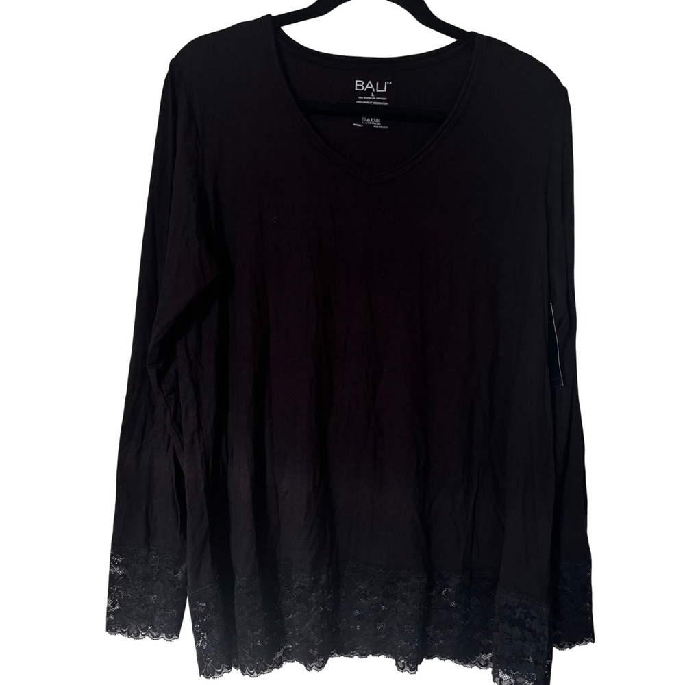 Bali Women's Large NWT Black Long Sleeve V-Neck Top Lace Trim Stretch